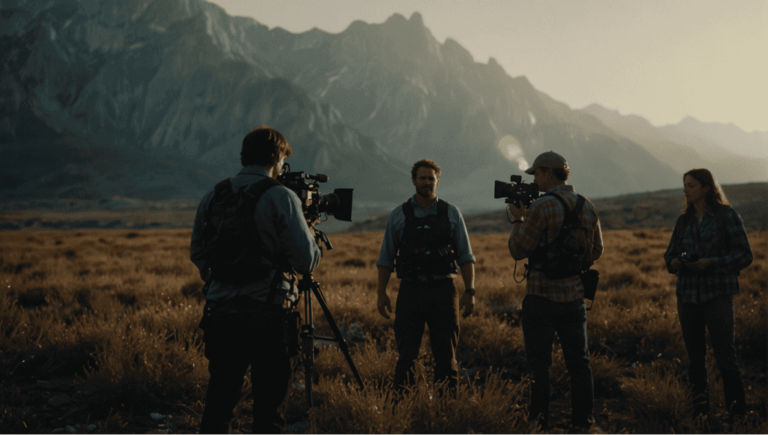 film crew in front of a mountain